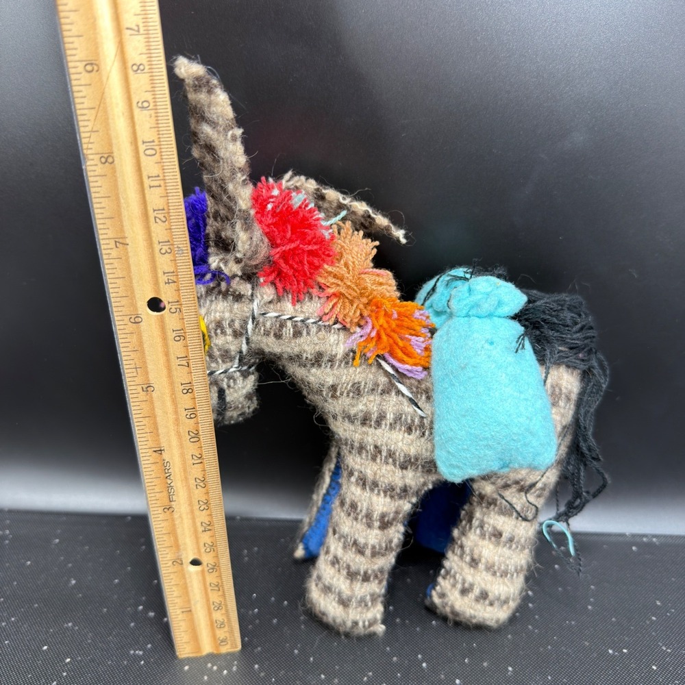 Vintage Mexican Folk Art Woven Wool Burro Donkey Figurine Colorful Yarn Pom Poms - Picture 3 of 11